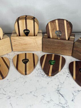 Guitar Pick Wooden Coasters w/ Epoxy and Holder Set of 4 Maple & Black Walnut